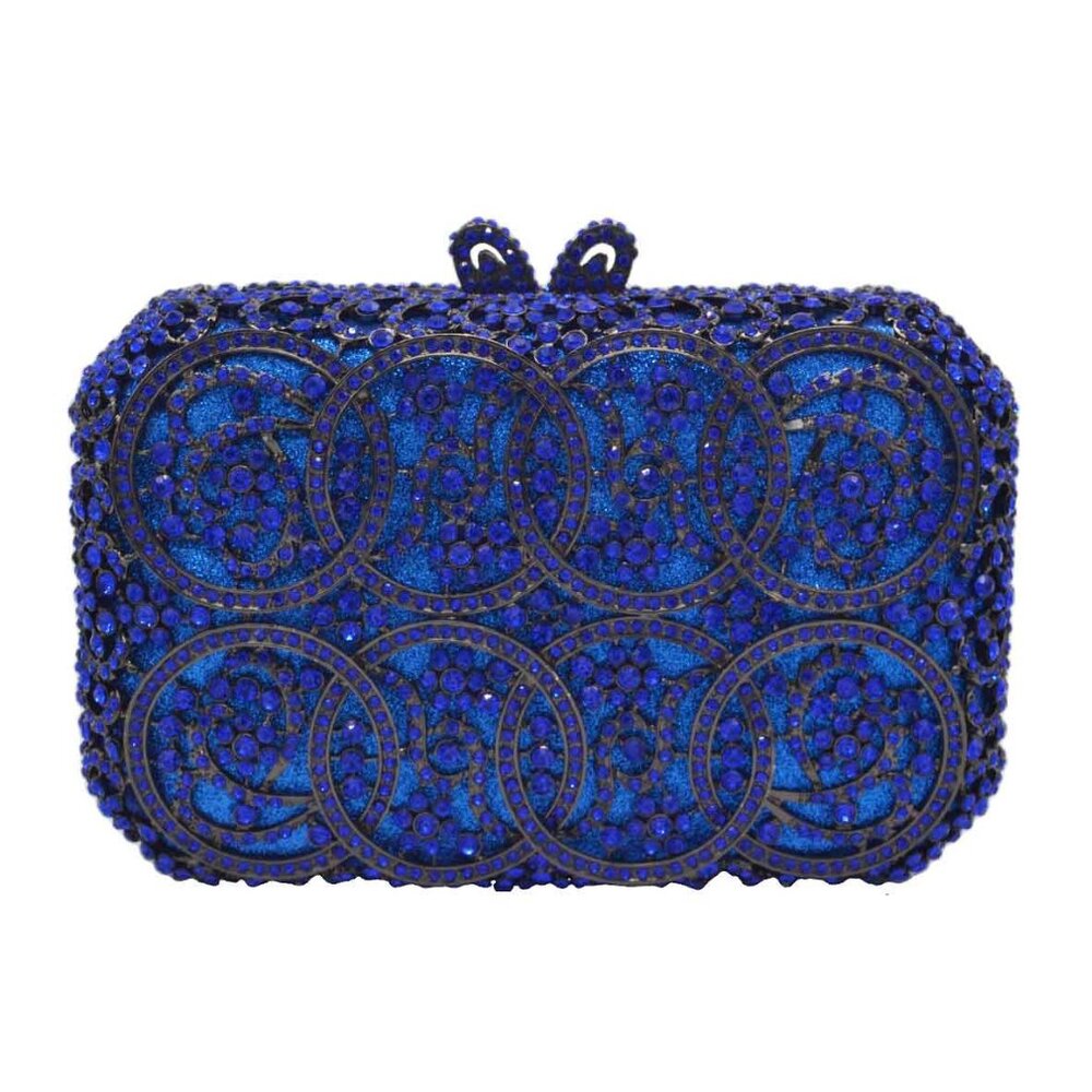 Royal Blue Metal Frame Crystal Embellished Clutch Purse
